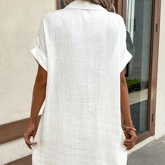 White Casual Women's Summer Solid Color Bat Wing Sleeve Pantshirt Dress - Picture 2 of 5